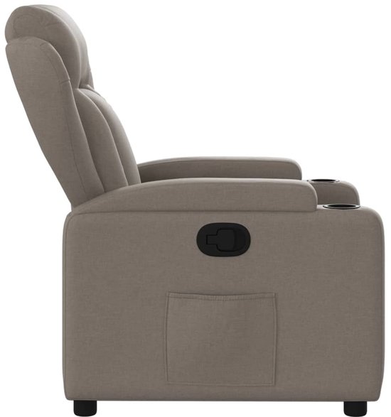 Zij-aanzicht van taupe fauteuil met verstelbare rugleuning en bekerhouders.