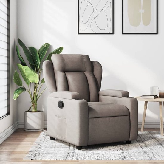 Grijze verstelbare fauteuil van stof met hoofdsteun, armleuningen met bekerhouders en zijvakken.