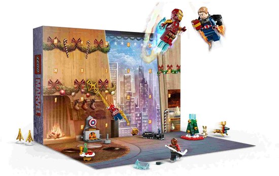 LEGO Marvel Avengers adventskalender open, met kerstversiering, stadsscène en actieve minifiguren.