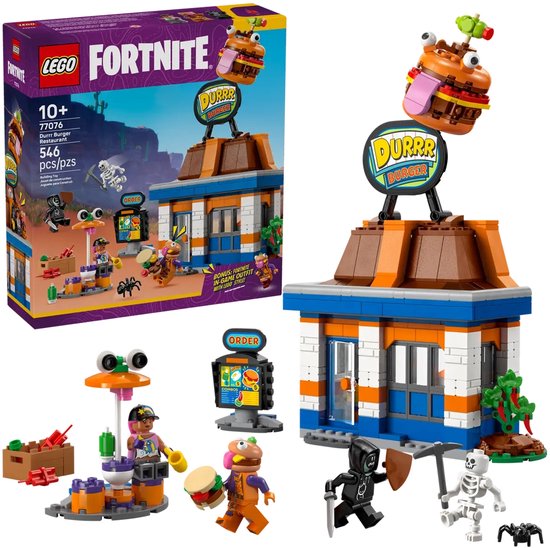 Boîte du Restaurant Durrr Burger LEGO avec set LEGO et tenue bonus en jeu.