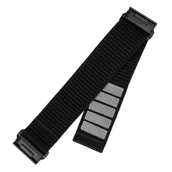 Zwart Garmin Quickfit horlogebandje van stof met reflecterende strepen.