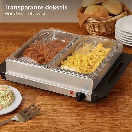 Lomera Buffetwarmer Elektrisch - Warmhoudplaat - Rvs Schalen - Transparante Deksels - Variabel Instelbare Temperatuur - Geïsoleerde Handgrepen - Oververhittingsbeveiliging - Anti-Slip Voetjes - Aan/Uit Schakelaar — afbeelding 2