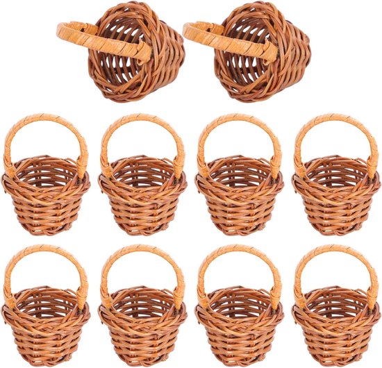 Mini panier à main en rotin - speelgoed de maison de jeu - décoration de scène - accessoires de photographie tissés à la main panier à fleurs - panier en osier - 10 pièces - panier à fleurs avec poignée - panier à fruits et à mariée - 6*2,7cm
