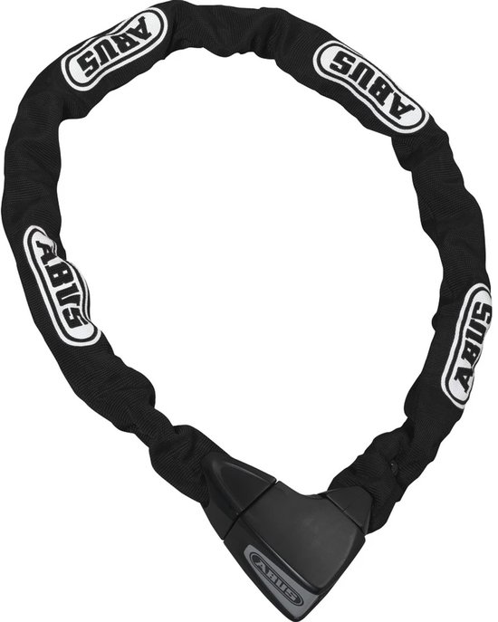 Zwart ABUS kettingslot in een cirkelvorm, bedekt met witte ABUS logo's.