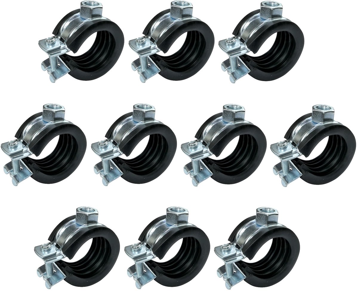 Set van 10 ISOophone montageklemmen met rubberen afdichting voor buizen van 3/4 inch, gemaakt van gegalvaniseerd staal volgens DIN EN 10111 voor stevige bevestiging