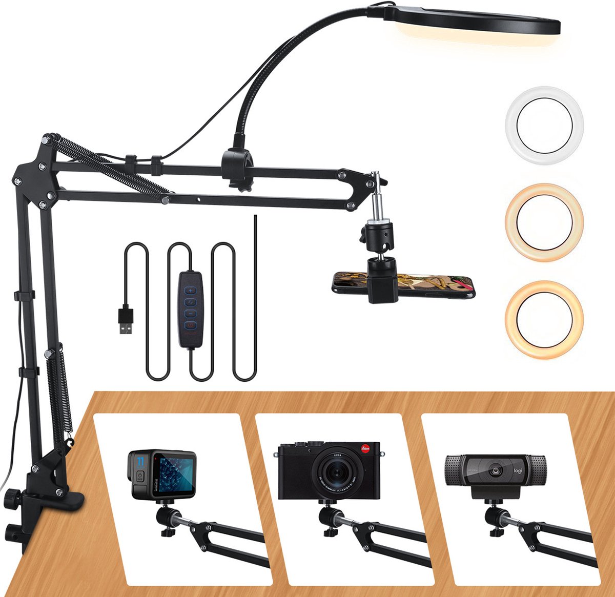CHIWIN Ringlicht 6 Zoll 360° Handy Stativ mit Flexiblen Arm für YouTube, TikTok & Live Streaming - 3 Farbtemperaturen, 10 Helligkeitsstufen, USB-Betrieben, Ideal für Selfies, Heimwerkervideos und Vlogging