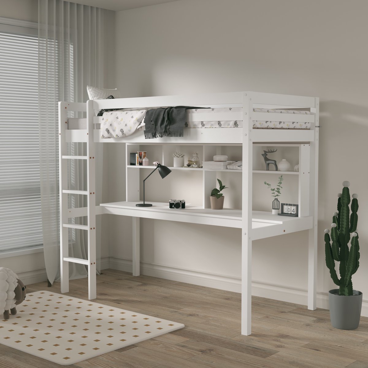 Sunny Sil Hoogslaper – Kinderbed Met Bureau – Met Boekenplank - Met Uitvalbeveiliging en rechte ladder - 208 x 97 x 172 cm – Peuterbed Meisjes en Jongens – FSC 100% Hout – Met Lattenbodem - Exclusief Matras – Wit