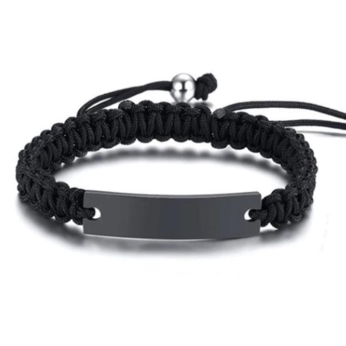 Tom Jaxon Heren armband Gevlochten Touw Graveerplaat Zwart Verstelbaar