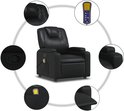 Zwart massagefauteuil van kunstleer, met detailfoto's van functies en afstandsbediening.