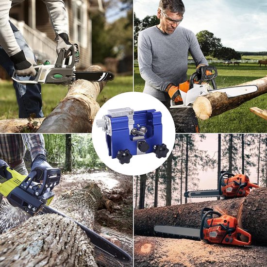 Collage van vier foto's waarop de kettingslijper wordt gebruikt op kettingzagen in verschillende buitenomgevingen. De blauwe slijper is in het midden.