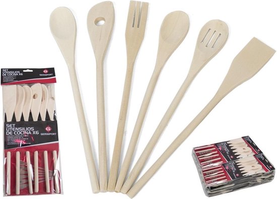 SPRINGLANE Keukengerei Set van Berkenhout, 6-delig, incl. beton houder, houten lepel, koken tang, spatel