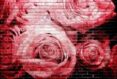 Afbeelding op acrylglas - Rode rozen op bakstenen muur