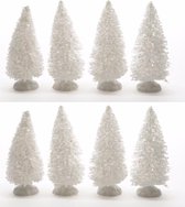 Kerstdorp maken besneeuwde decoratie dennenbomen 8 stuks 10 cm - Witte mini boompjes