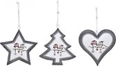 Kerst - Kerstdecoratie - Kerstdagen - Metalen hanger "Uil" in een Ster, Kerstboom en Hart, set van 3