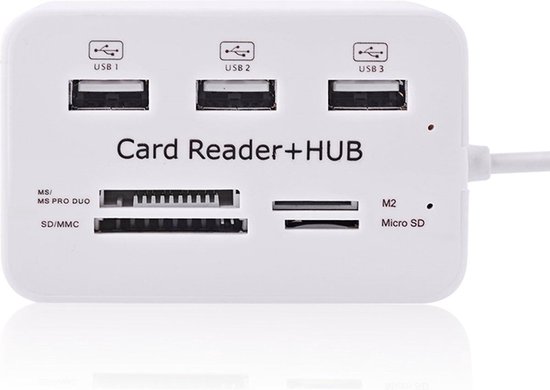 Multi USB 2.0 Hub Splitter & Geheugenkaartlezer - 3 Poorts Verdeler Met Memory Card - MMC/TF/Micro SD Kaart Reader - Wit