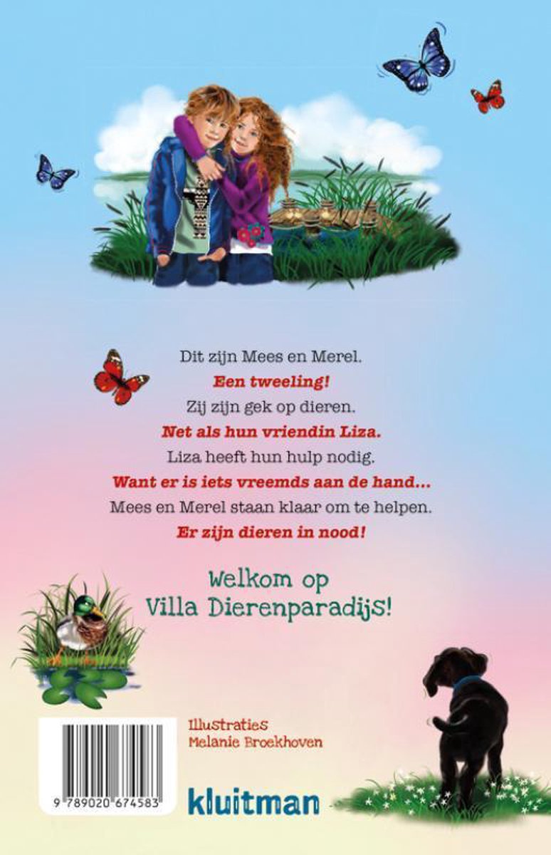 Twee kinderen, Mees en Merel, staan met vlinders en een eend op een waterrijke locatie.