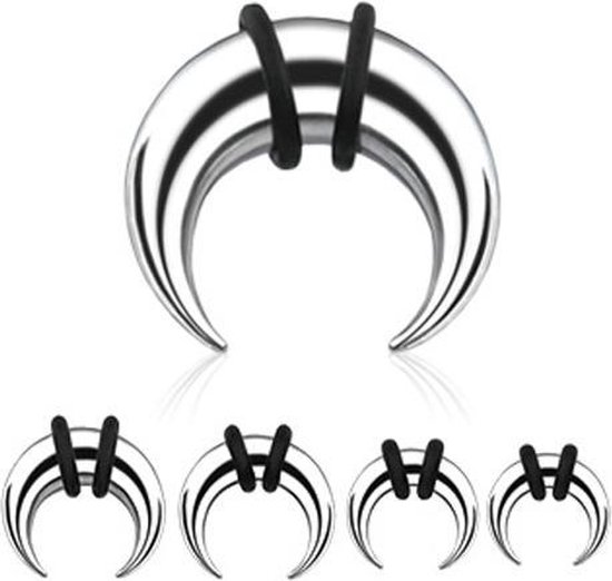 Un expandeur translucide en forme de corne avec quatre anneaux noirs. Montré en quatre tailles.