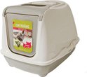 Witte en grijze gesloten kattenbak met stickers erop.