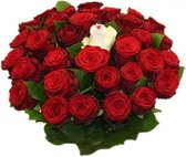 Boeket met 25 rode rozen boeket + 1 witte sugar roos in midden