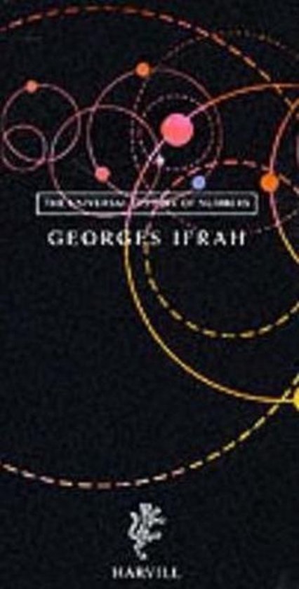 Boek met de titel 'The Universal History of Numbers' door Georges Ifrah, met een abstracte achtergrond van cirkels en stippen.