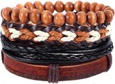 Armbanden set houten kralen en gevlochten Leer Bruin Zwart