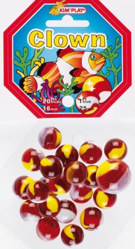 Verpakking met een clownvis en 20 knikkers van 16mm, met rood, geel en paarse patronen.