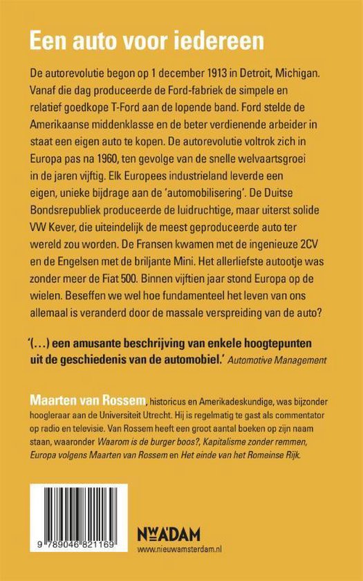 Achterkant boek 'Een auto voor iedereen' met tekst over de autorevolutie en Maarten van Rossem.