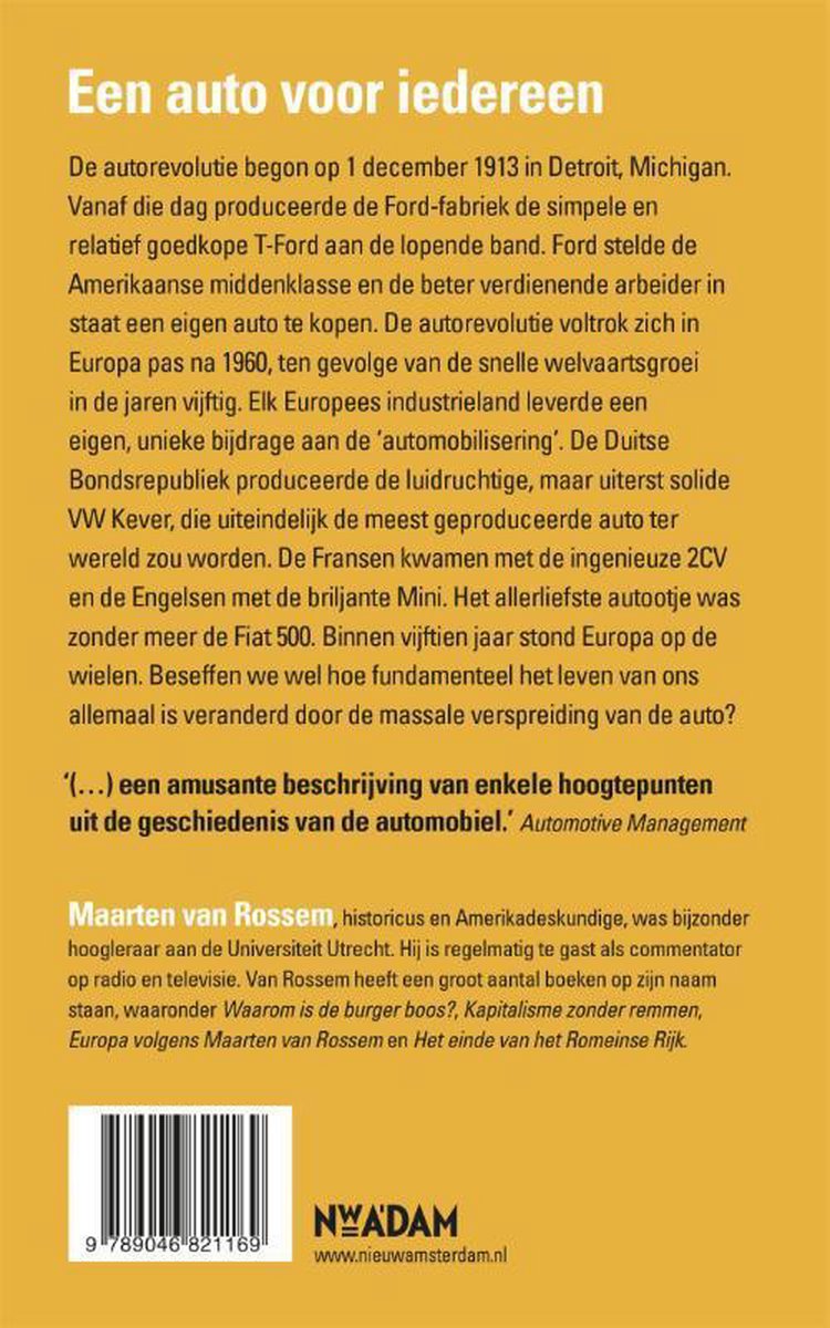 Achterkant boek 'Een auto voor iedereen' met tekst over de autorevolutie en Maarten van Rossem.