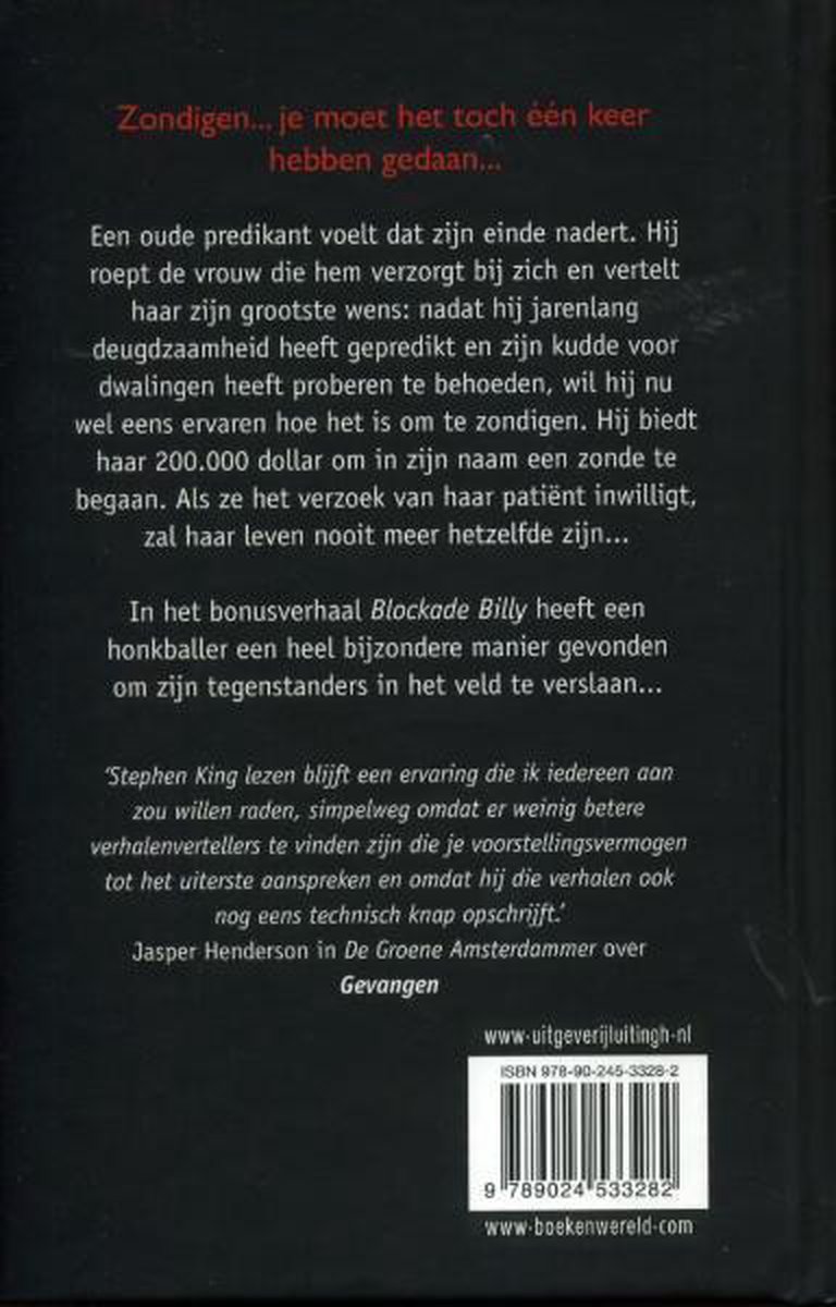 Boekomslag met tekst in het rood en wit. Beschrijft een verhaal over een predikant en een bonusverhaal genaamd Blockade Billy.