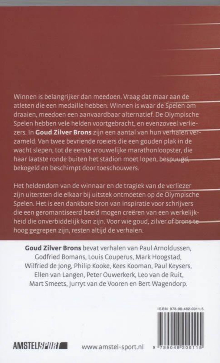 Achterkant van het boek Goud Zilver Brons met tekst over de Olympische Spelen.