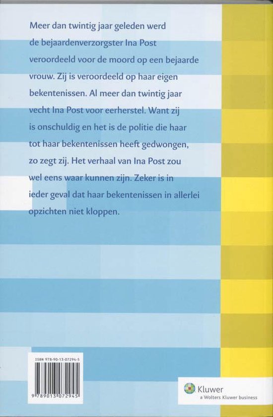 Boekrug met tekst over Ina Post, veroordeeld voor moord. Achterkant met ISBN.