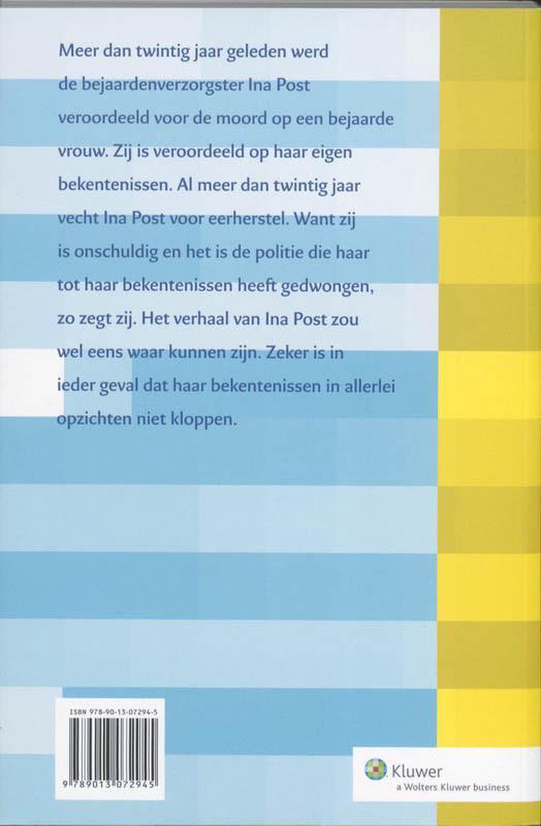 Boekrug met tekst over Ina Post, veroordeeld voor moord. Achterkant met ISBN.