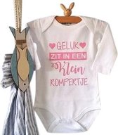 Romper Geluk zit in een klein rompertje  | Lange mouw | roze print | maat 50-56   bekendmaking zwangerschap aanstaande baby meisje