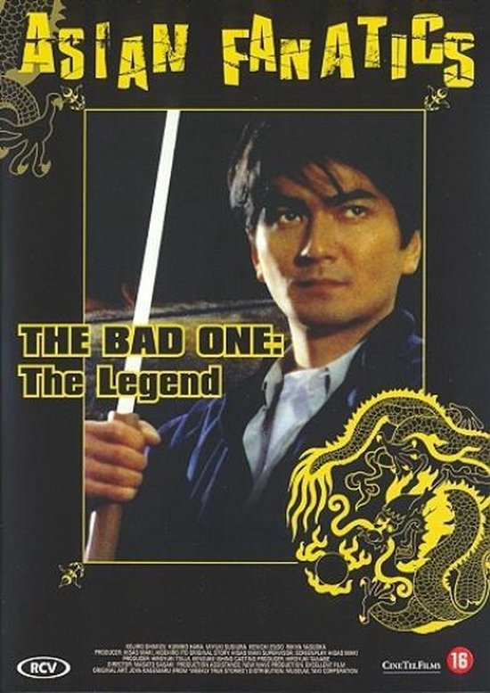 Filmcover met de titel 'THE BAD ONE: The Legend' en een Aziatische man met een zwaard. Gele draak decoratie.