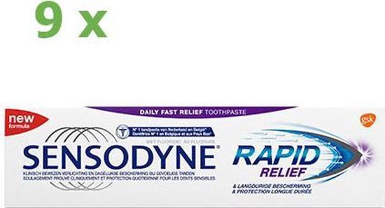 Doosje Sensodyne Rapid Relief tandpasta, 9 stuks, met 'new formula' en 'nieuwe formule' tekst.