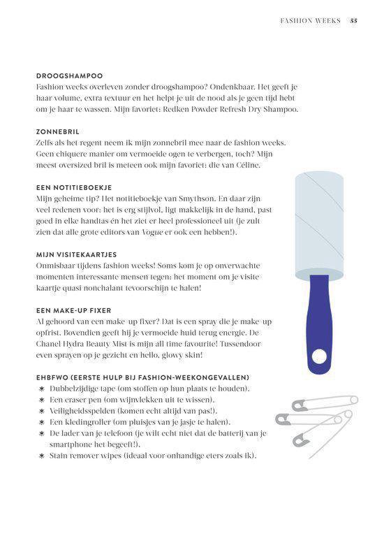 Illustratie van een kledingroller met blauw handvat en veiligheidsspelden. Tekst over droogshampoo, zonnebril, notitieboekje, visitekaartjes, make-up fixer en fashion week benodigdheden.