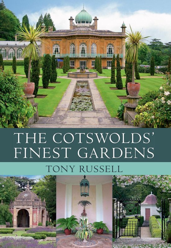 Boekomslag met architecturaal gebouw, tuin, fontein en tekst 'THE COTSWOLDS' FINEST GARDENS'.