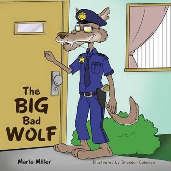 De Grote Boze Wolf, een stripfiguur als politieagent, staat bij een deur.