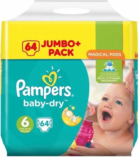Pampers Baby Dry Maat-6 Extra Large 15+kg Jumbo Pluspack 64-Luiers | bol.com