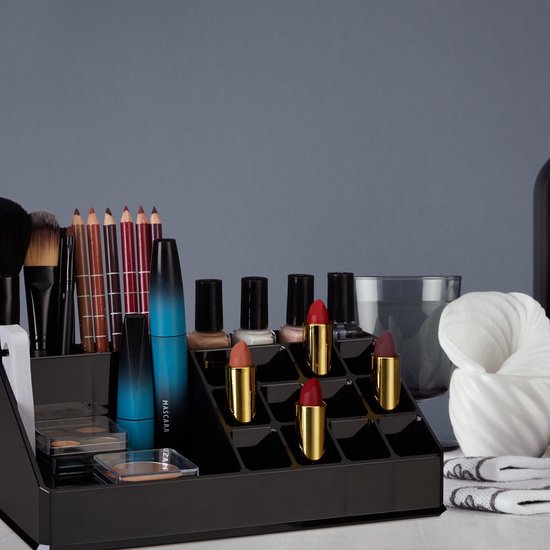 Relaxdays Cosmetica organizer - cosmeticahouder - make up toren - doorzichtig - 16 vakken - zwart - Relaxdays