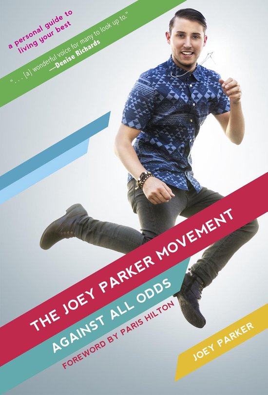 Een man in een blauw geometrisch shirt en grijze jeans springt met een bril in zijn hand. De tekst luidt: "The Joey Parker Movement Against All Odds".