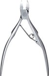 Zilverkleurige nageltang met gebogen handvatten, tegen witte achtergrond.