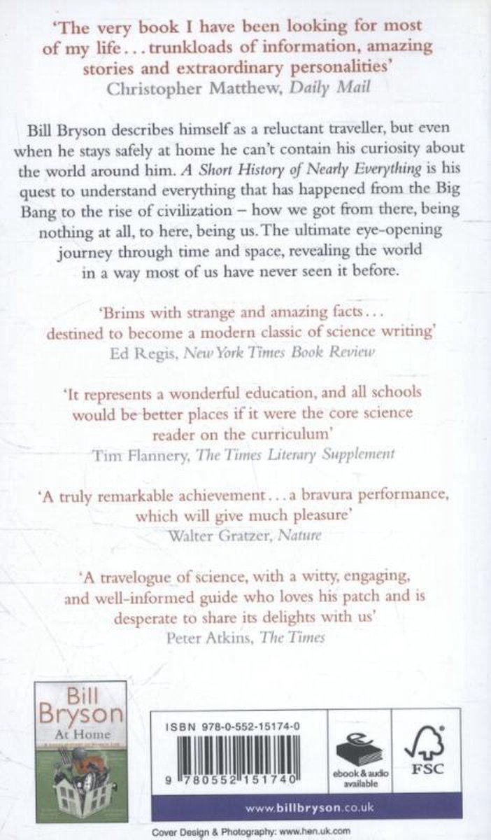 Achterkant van het boek 'A Short History of Nearly Everything' door Bill Bryson met recensies.