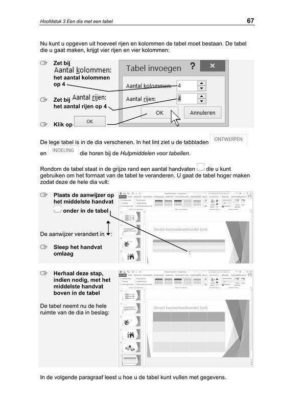 Pagina 67, 'Een dia met een tabel', met een screenshot van PowerPoint voor het invoegen van tabellen.