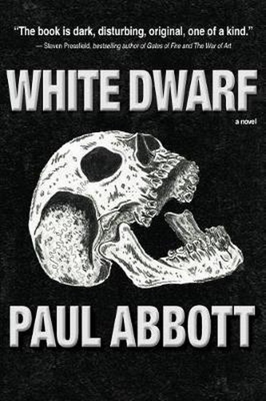 Boekomslag van 'White Dwarf' van Paul Abbott met een illustratie van een schedel.