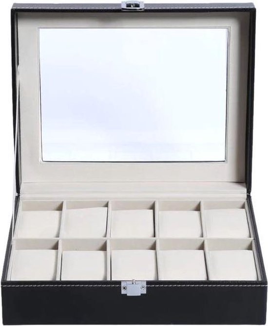 Aretica Luxe horloge en sieraden box geschikt voor 10 horloges - Fluweel - Kunstleer - Zwart