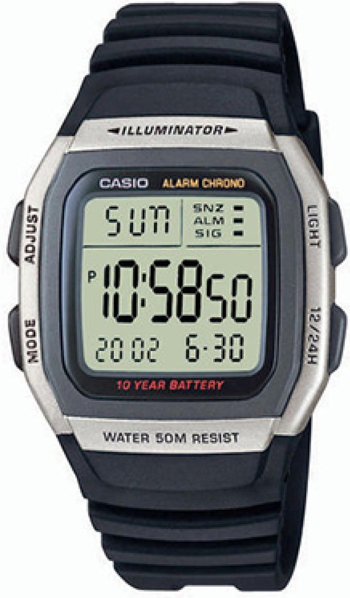 Casio horloge W-96H-1A met automatische kalender: datum, maand en dag, 4 soorten alarm en snooze functie, illuminator, tweede tijdzone...