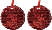 2x Kerst rode kunststof kerstballen 8 cm - Pailletten/sequin -  Onbreekbare plastic kerstballen - Kerstboomversiering kerst rood