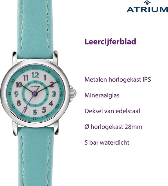 ATRIUM Horloge - Kinderen - Meisje - Lichtblauw - 5 bar Waterdicht - Leercijferblad - Leren - Duidelijk - Verstelbaar Bandje - Quartz Uurwerk - Edelstalen Sluiting - A31-106 - Atrium