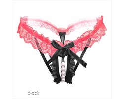 Erotische lingerie slipje - Sexy parel slipje - Sexy kanten open kruis string - Zwart/Rood
